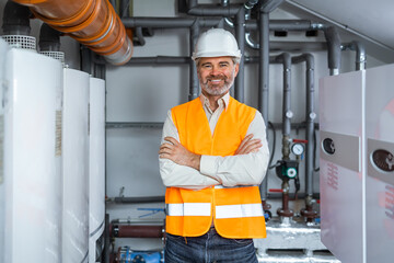 Professional Industry Engineer Worker Wearing Safety Uniform and Hard Hat Smiling Specialist in...
