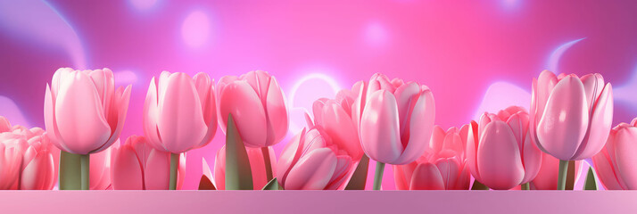 Pink Tulips With Square Neon Light On Pink Background, Background Image, Background For Banner, HD