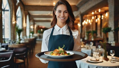 a beautiful young smiling server waitress in restaurant with plates with food on a tray in a expensive luxury restaurant bringing food to a table in her hands - obrazy, fototapety, plakaty