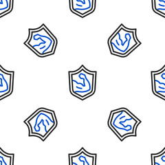 Line Bodybuilder showing his muscles icon isolated seamless pattern on white background. Fit fitness strength health hobby concept. Colorful outline concept. Vector