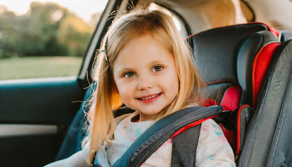 a candid photo of a cute young little blonde white caucasian american kid sitting in the child seat in the family car