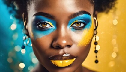 a closeup photo portrait of a beautiful woman with blue eyes with painted face blue and yellow colors. abstract bold colors in retro vintage artstyle
