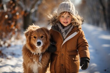 child  walking with dog in park