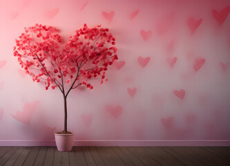 A pink background with hearts, with a heart-shaped tree with pink flowers with copy space
