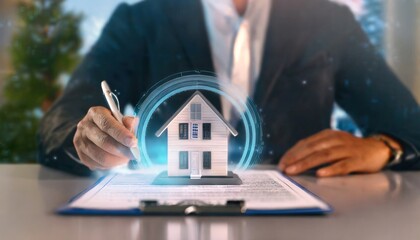a concept holo 3d render model of a small living house on a table in a real estate agency. signing mortgage contract document and demonstrating. futuristic business. blurry background - obrazy, fototapety, plakaty