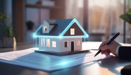 a concept holo 3d render model of a small living house on a table in a real estate agency. signing mortgage contract document and demonstrating. futuristic business. blurry background