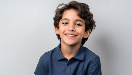a professional portrait studio photo of a cute mixed race boy child model with perfect clean teeth laughing and smiling. isolated on white background