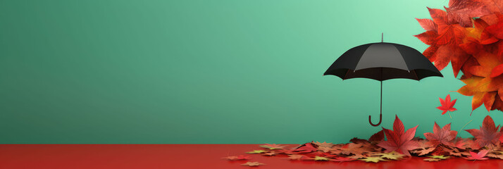 Red Umbrella With Dry Autumn Leaves On Green Background, Background Image, Background For Banner, HD