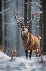 Naklejka na ściany i meble Winter Grace: Beautiful Deer with Antlers in a Sunny Forest