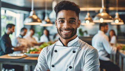 closeup photo portrait of a handsome young chef cook with white uniform standing. guests eating in the restaurant. blurry food restaurant kitchen in the background