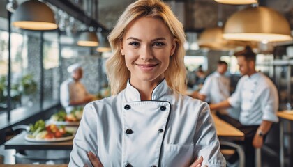 closeup photo portrait of a handsome young woman chef cook with white uniform standing. guests eating in the restaurant. blurry food restaurant kitchen in the background