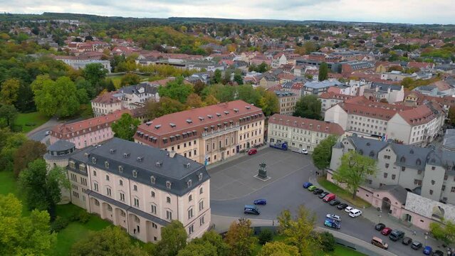 Wonderful aerial top view flight drone. Cityscape old Town Weimar autumn Germany