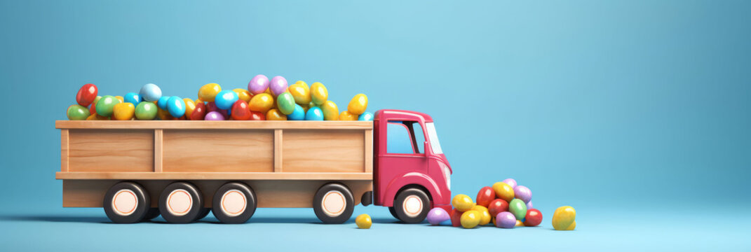 Wooden Toy Truck Loaded With Colorful Easter Eggs, Background Image, Background For Banner, HD