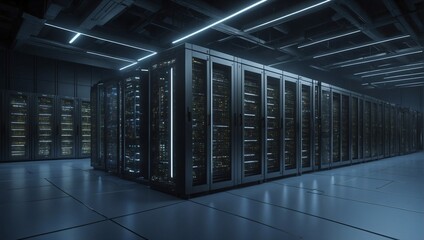 Server Room with Straight Aisles and Lighting