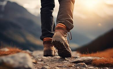 Man hiking up mountain trail close-up of leather hiking boots. - obrazy, fototapety, plakaty