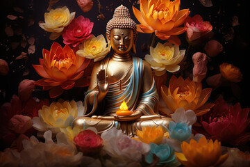 golden buddha with multicolor flowers and lotuses - obrazy, fototapety, plakaty