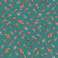 fish in the lake, non-directional pattern, bright abstract graphic fish on a turquoise background, fabric for baby clothes, for babies, for diapers