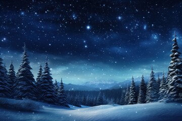 Fototapeta na wymiar Serene winter landscape at night, snow-covered pine trees under starry sky with mountain backdrop.