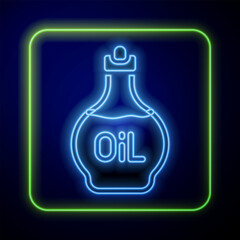 Glowing neon Essential oil bottle icon isolated on blue background. Organic aromatherapy essence. Skin care serum glass drop package. Vector