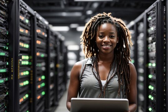 Beautiful Young African Woman with Curly Hair Using Laptop in Server Room