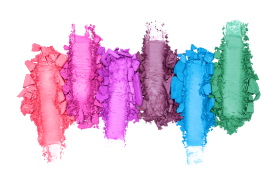 Broken and smashed color make-up eyeshadow palette, lay of brush strokes, on transparent background, top view. Sample cosmetics concept