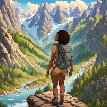 A girl in the mountains. A girl travels with a backpack in the mountains.