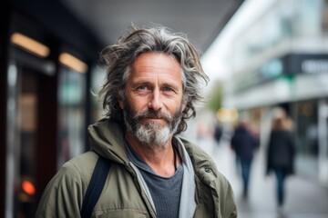 Handsome middle aged man with grey hair and beard in the city