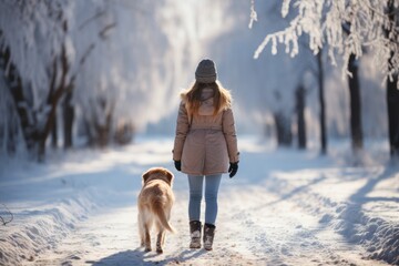 Fototapeta na wymiar girl walking with dog in winter park