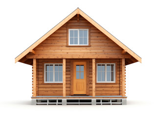 3D renders of a small cabin house, isolated on a white background. Made of wood and roof from metal deck.