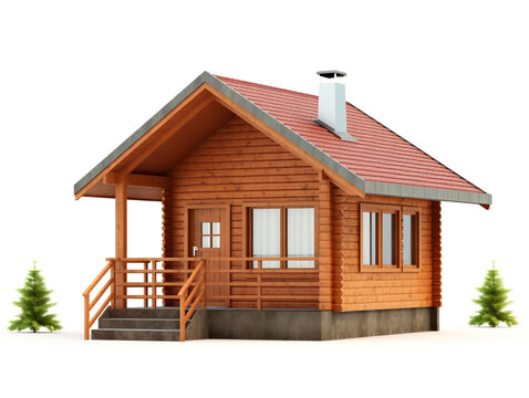 3D renders of a small cabin house, isolated on a white background. Made of wood and roof from metal deck.
