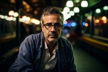 Portrait of a middle-aged man in the city at night