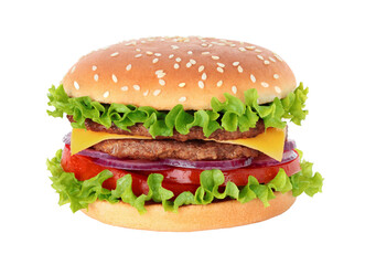 Big hamburger with beef cutlet and onion on transparent background