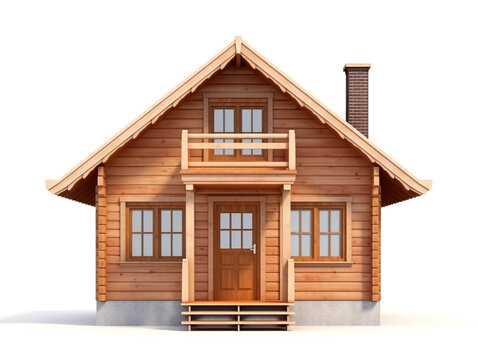 3D renders of a small cabin house, isolated on a white background. Made of wood and roof from metal deck.
