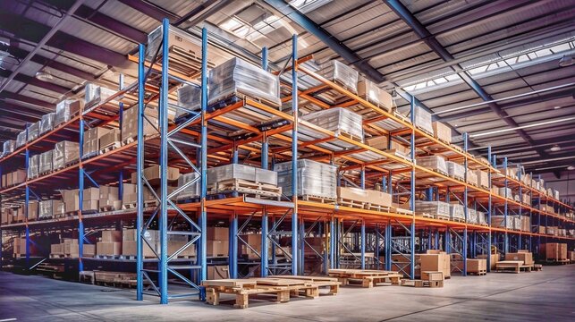 Large warehouse with rows of pallets and racks. Distribution warehouse.