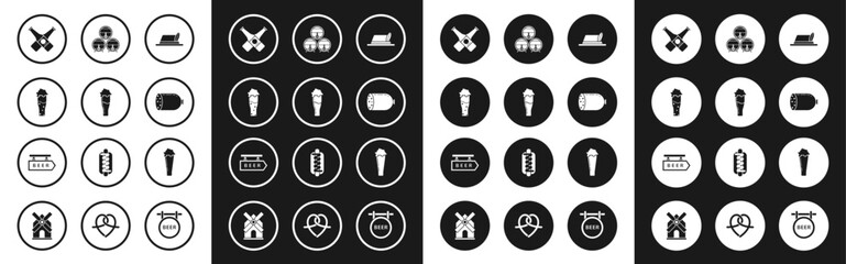 Set Oktoberfest hat, Glass of beer, Crossed bottle, Salami sausage, Wooden barrel on rack with stopcock, and Street signboard inscription Beer icon. Vector