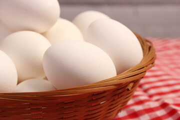 Basket of Farm Fresh Eggs on Red and White Checkered Fabric