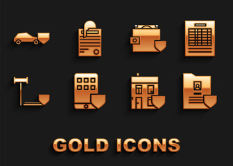 Set Smartphone insurance, Report file document, Document with shield, House, Judge gavel, Wallet and money, Car and File paper clip icon. Vector