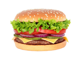 Big hamburger with beef cutlet and onion on transparent background