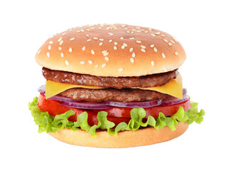 Big hamburger with two cutlets on transparent background