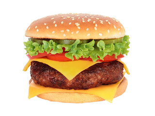 Big hamburger with beef cutlet and onion on transparent background