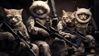 Fototapeta premium Cat special forces team with full weapons. Innovative AI.