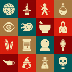 Set Skull, Magic hand mirror, Mantle, cloak, cape, Voodoo doll, Fireball, Hypnosis, Pentagram in circle and mortar pestle icon. Vector