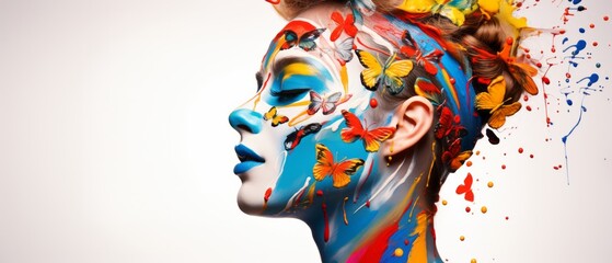 Ethereal Transformation in Paint and Butterflies.
The profile of a woman becomes a canvas for an ethereal transformation, with vibrant paint strokes and butterflies.