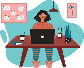 A Girl Working with a Laptop On a Table at Home Or Office Illustration