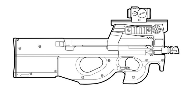 Close-up of a black P90 submachine gun on an isolated white background. Art Line