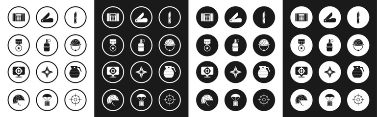 Set Military knife, Hand grenade, reward medal, Dynamite bomb, helmet, Swiss army, and Target sport icon. Vector