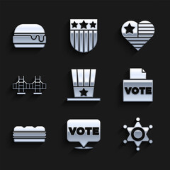 Set Patriotic American top hat, Vote, Hexagram sheriff, box, Sandwich, Golden gate bridge, USA Independence day and Burger icon. Vector