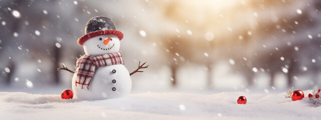 süßer kleiner Schneemann im Schnee mit Mütze und Schal im Schnee - Powered by Adobe