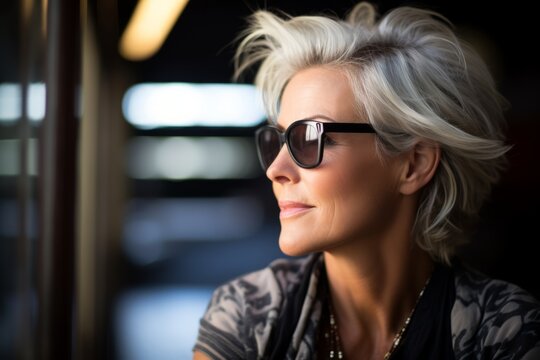 Portrait of a beautiful middle-aged woman with short gray hair and sunglasses