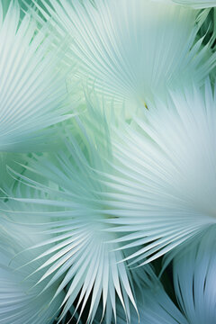 Blurry image of palm leaves, flower and nature motifs. White and emerald nature-based pattern